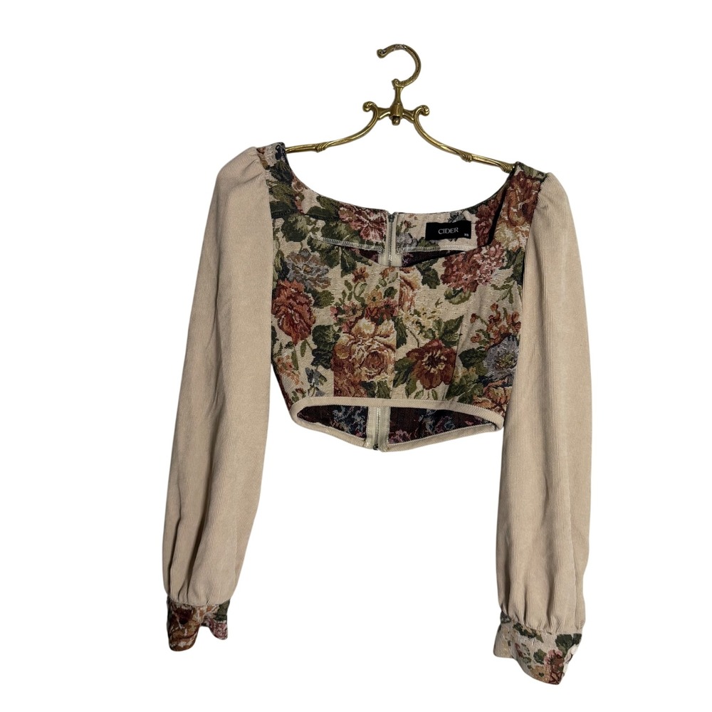 Cider XS Floral‎ Tapestry Corset Crop Top Corduroy  Sleeve Square Neck Beige